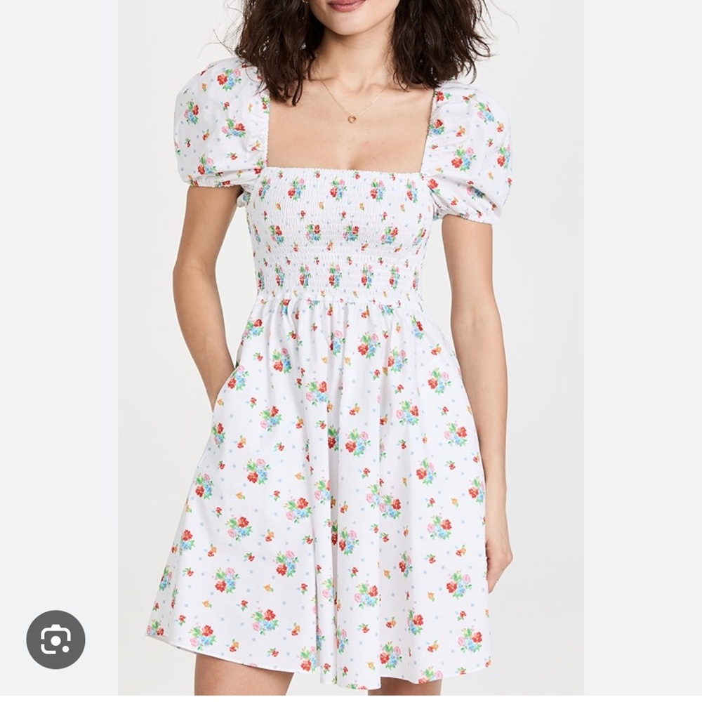 Caroline Constas Women's Smocked Floral Mini Dress Puff Sleeve White Size XS